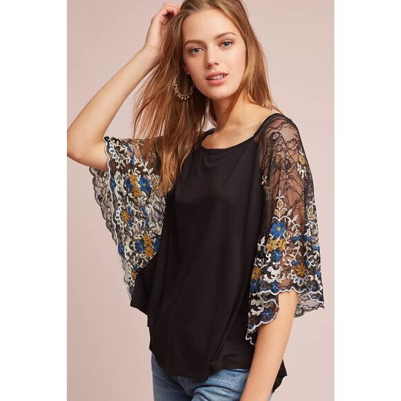 Akemi + Kin Anthropologie Black Embroidered Flutter Top Size XS - Picture 2 of 7